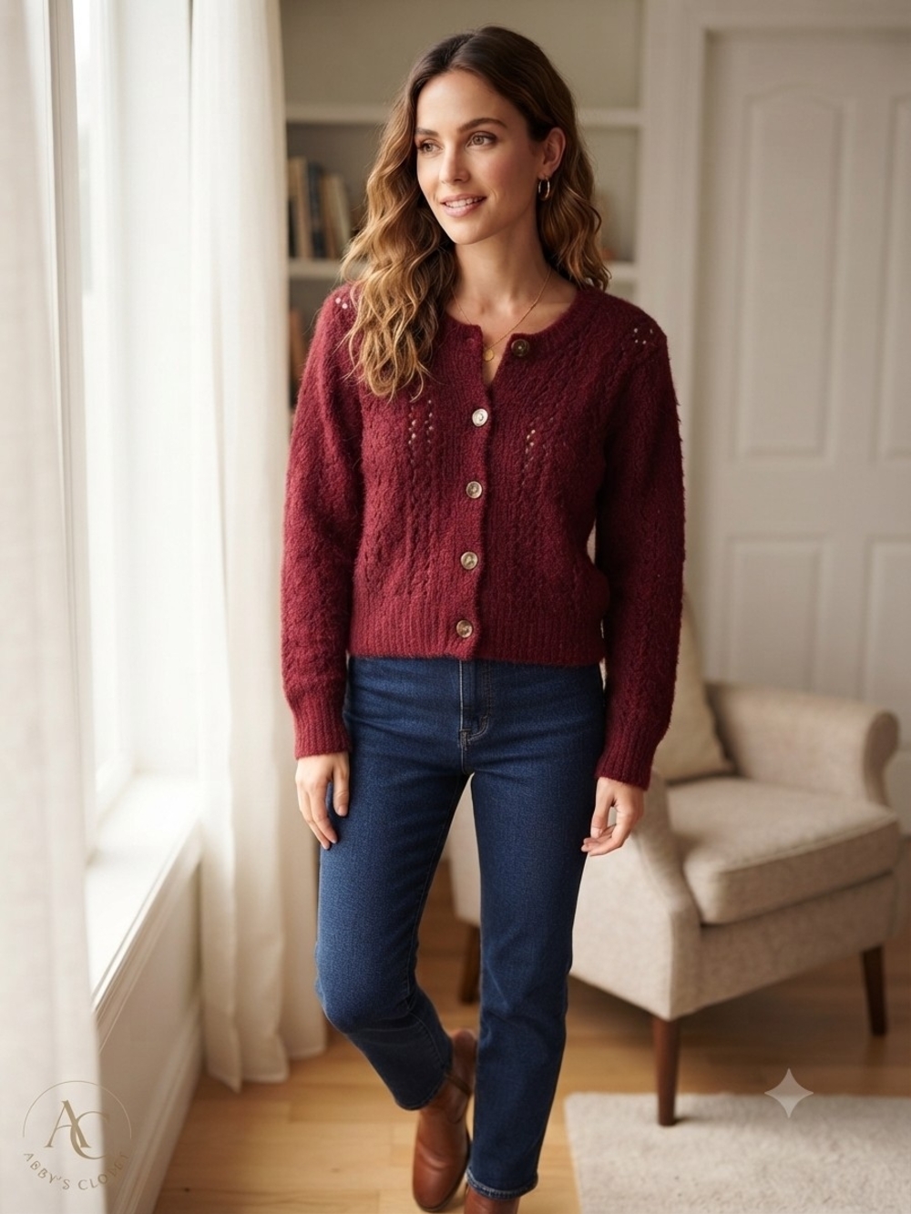 Vintage-Vibe Lamb Burgundy Fuzzy Grandmacore Cardigan